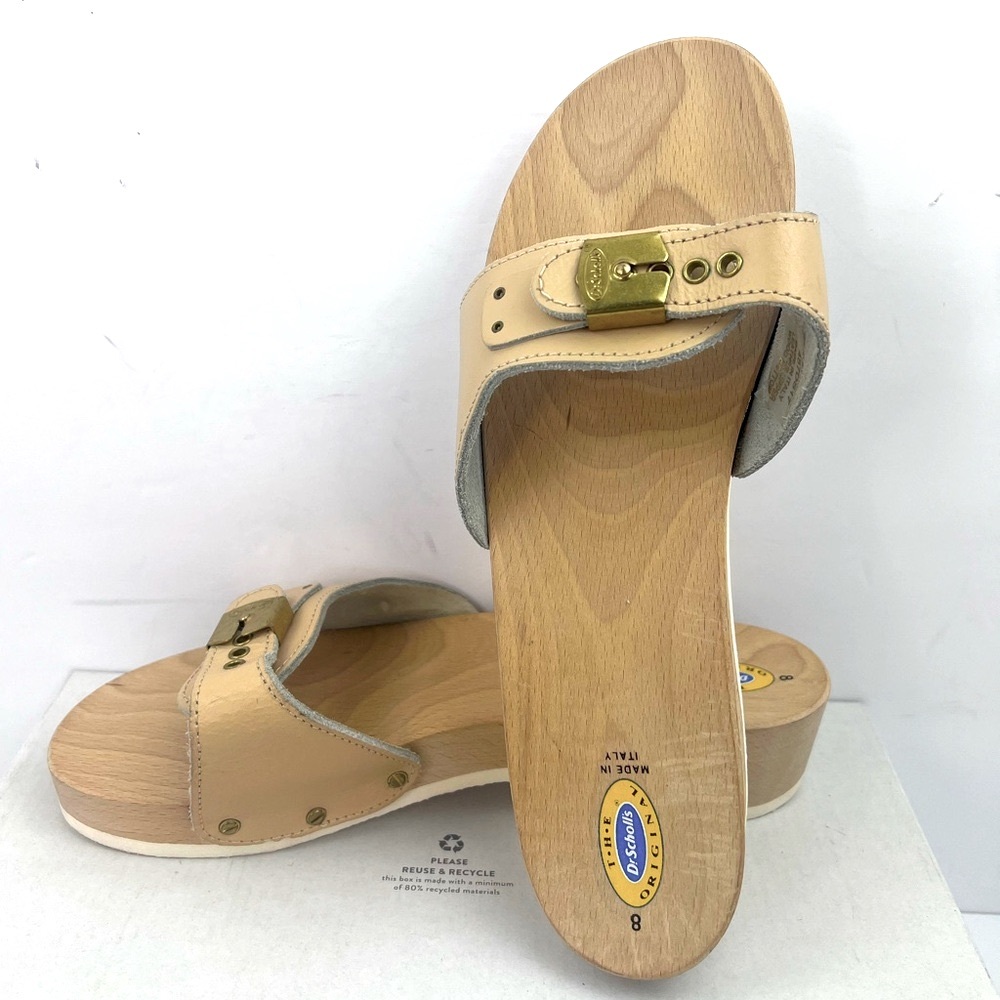 Dr SCHOLL’S ORIGINAL COLLECTION, TAN ADJUSTABLE TOP STRAP, WOODEN SOLE, SIZE 8
